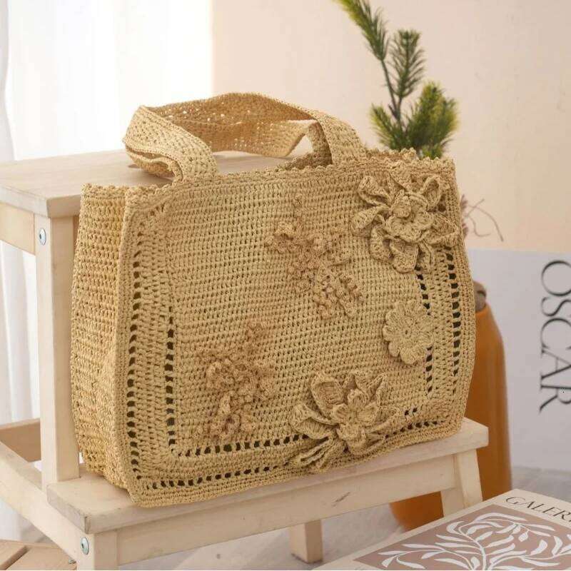 2025 Fashion Handmade Knitted Tote Bag New Women's Hollow Out 3D Flower Design Casual PP Grass Handbags Beach Vacation Essential