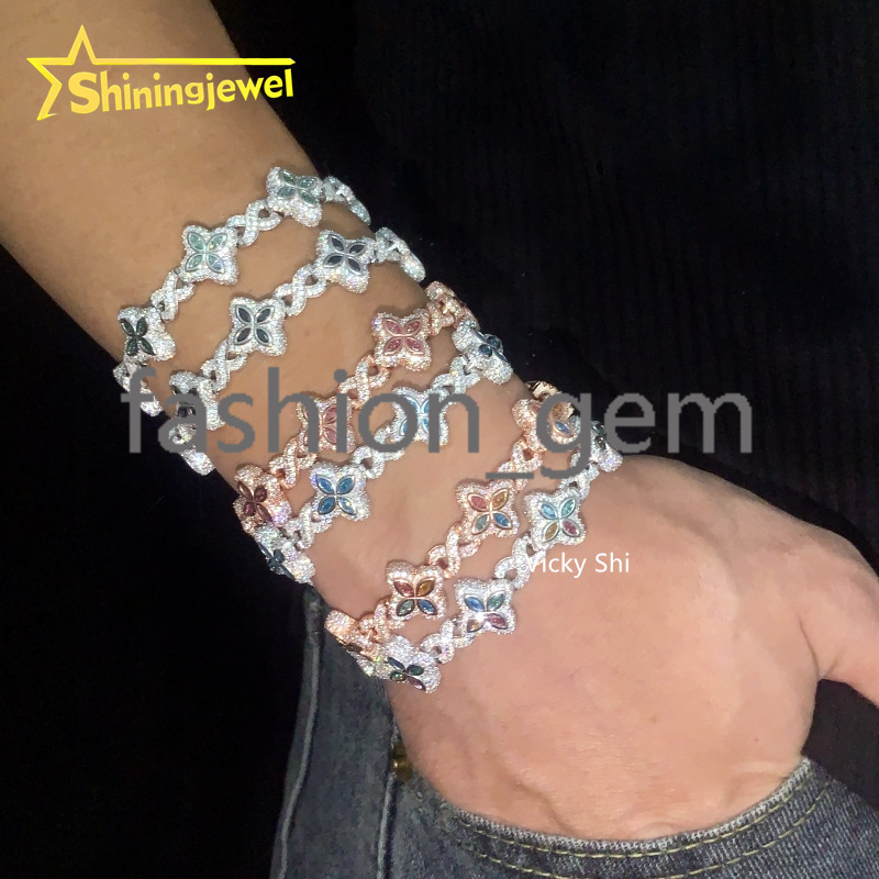 Hot Sell 15MM 925 Sterling Silver Infinity Colored Clover Moissanite Bracelet Iced Out Men Bracelet Moissanite Hip Hop Jewelry