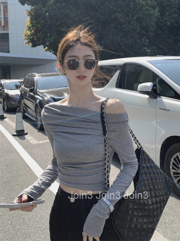 Women Off Shoulder Clothing 2025 Woman T-shirt Skinny Tall Offer Free Grey Top for Shipping Tee Causal Goth Polyester Emo Tshirt
