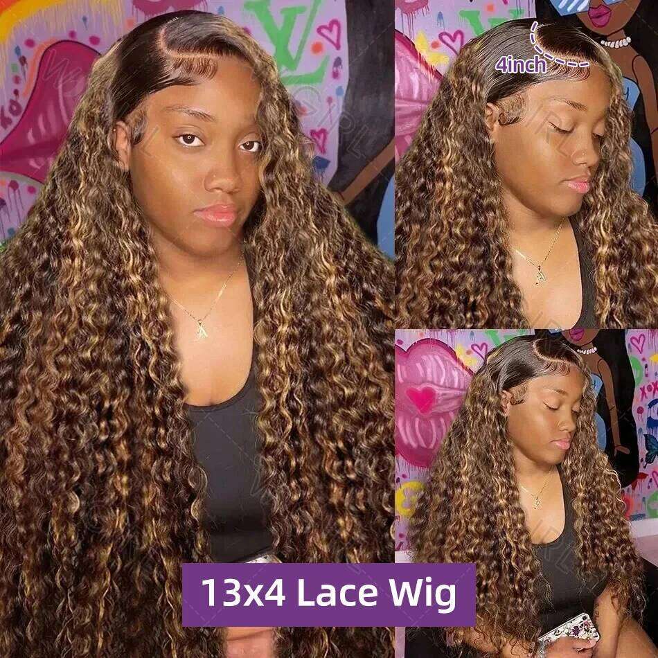 200% 30 32 Inch Highlight Ombre 13x6 Curly Lace Human Hair Honey Blonde Colored HD Deep Wave Frontal Wigs For Women