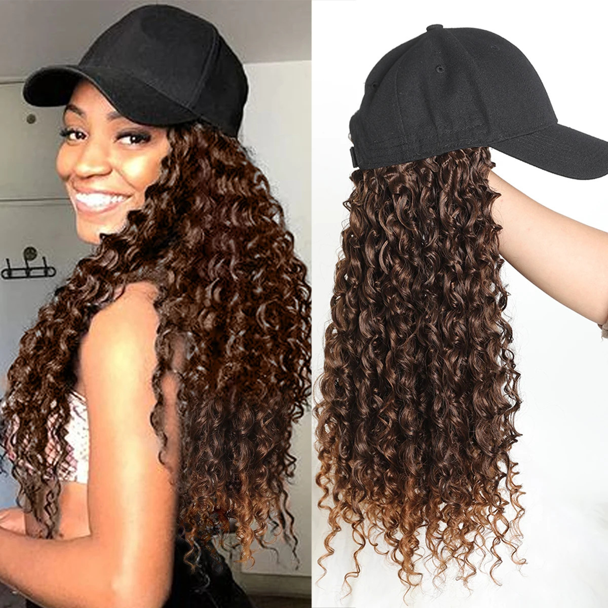 Afro-Style Long Curly Black Baseball Cap Wig All-in-One Small Spiral Noodle Curls Natural-Looking Synthetic Wig - In Stock