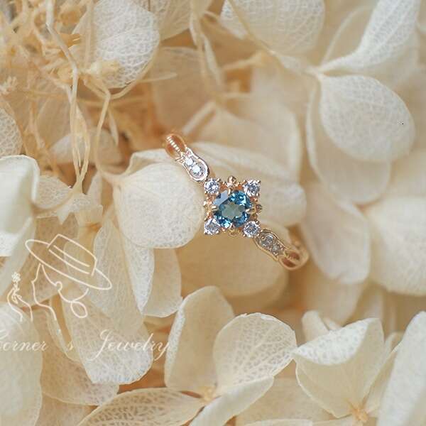 Fresh Lily of the Valley Engraved Design Light Luxury Natural London Blue Topaz Same Style Ring for Women
