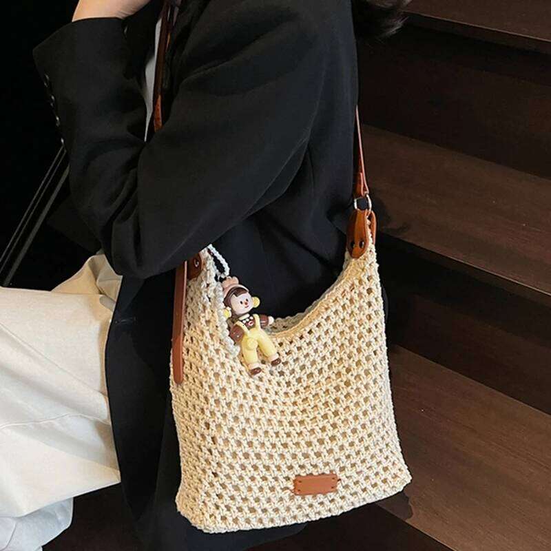 Women Cotton Thread Weaving Handbag Summer New Woven Shoulder Bag Seaside Vacation Beach Bags Bohemian Style Tote Bags
