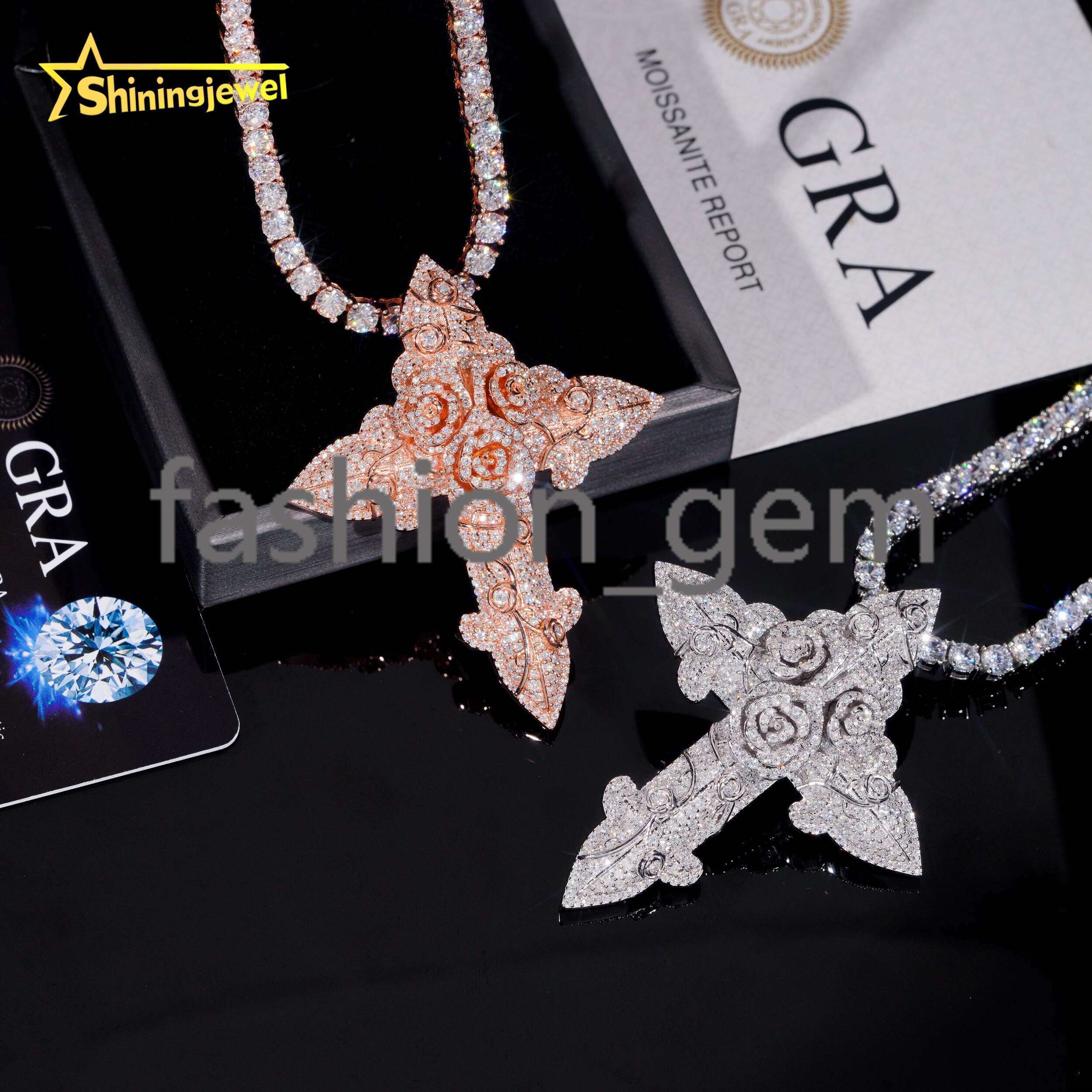 Cross Entangled Rose Moissanite Pendant S925 Gold Plated Moissanite Pass Diamond Test Hip Pendant Custom Pieces