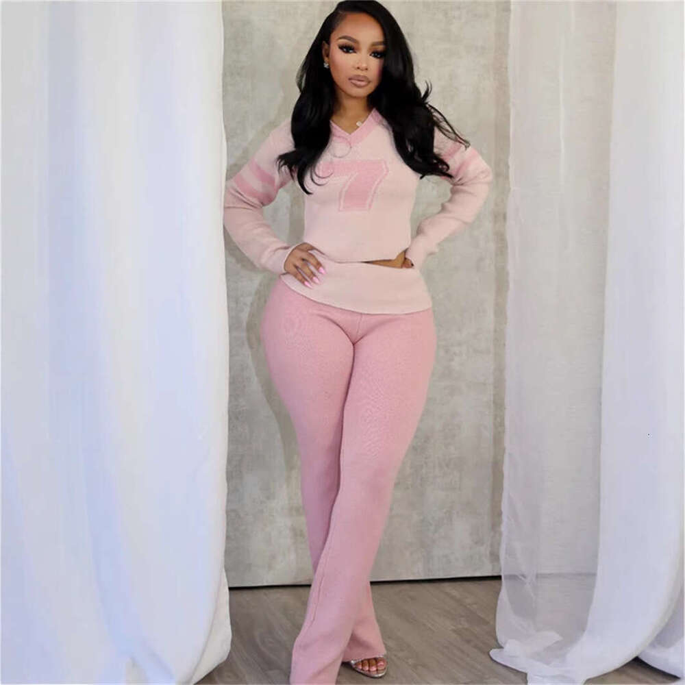 New Color-Block Fashion Versatile V-Neck Solid Color Knitted Casual Long Sleeve Top And Pants Set B5