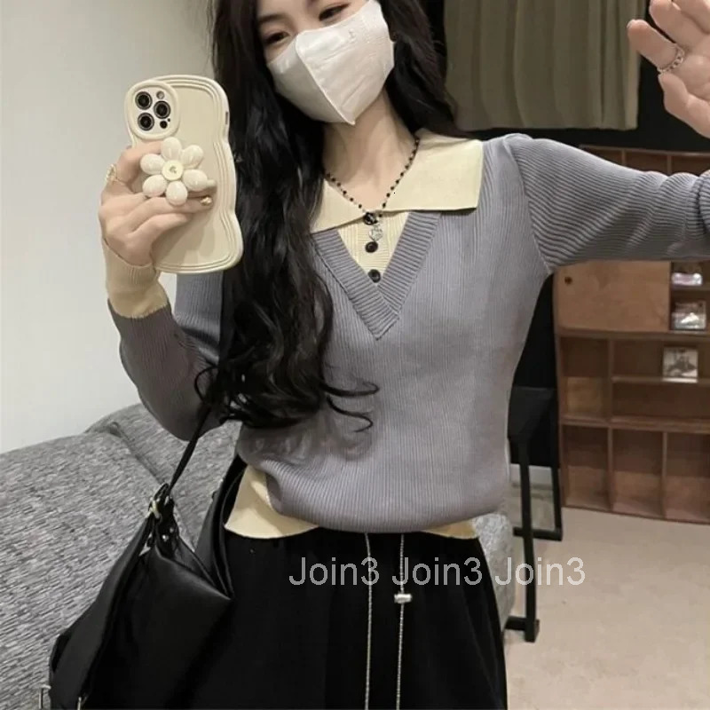 Button Knitted Woman Tshirt Long Sleeve Basic Fashion 2025 Casual Tops Pretty With Collar New Youth Polo Neck T Shirt for Women