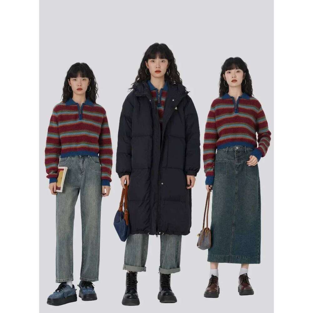 Department of Beauty Rainbow striped zipper half neck cashmere knitwear women's fall/winter loose sweater woolen base