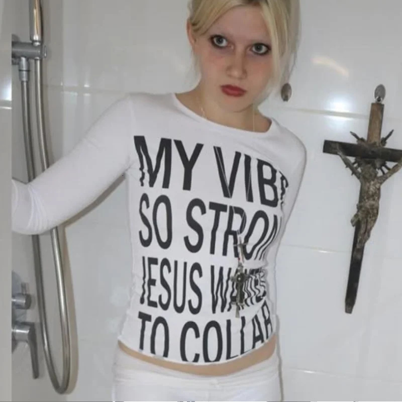 Vintage Y2k Womens Tshirt White Trash Monogram Print Cross Pattern Long Sleeve Harajuku Aesthetic Street Summer 250617