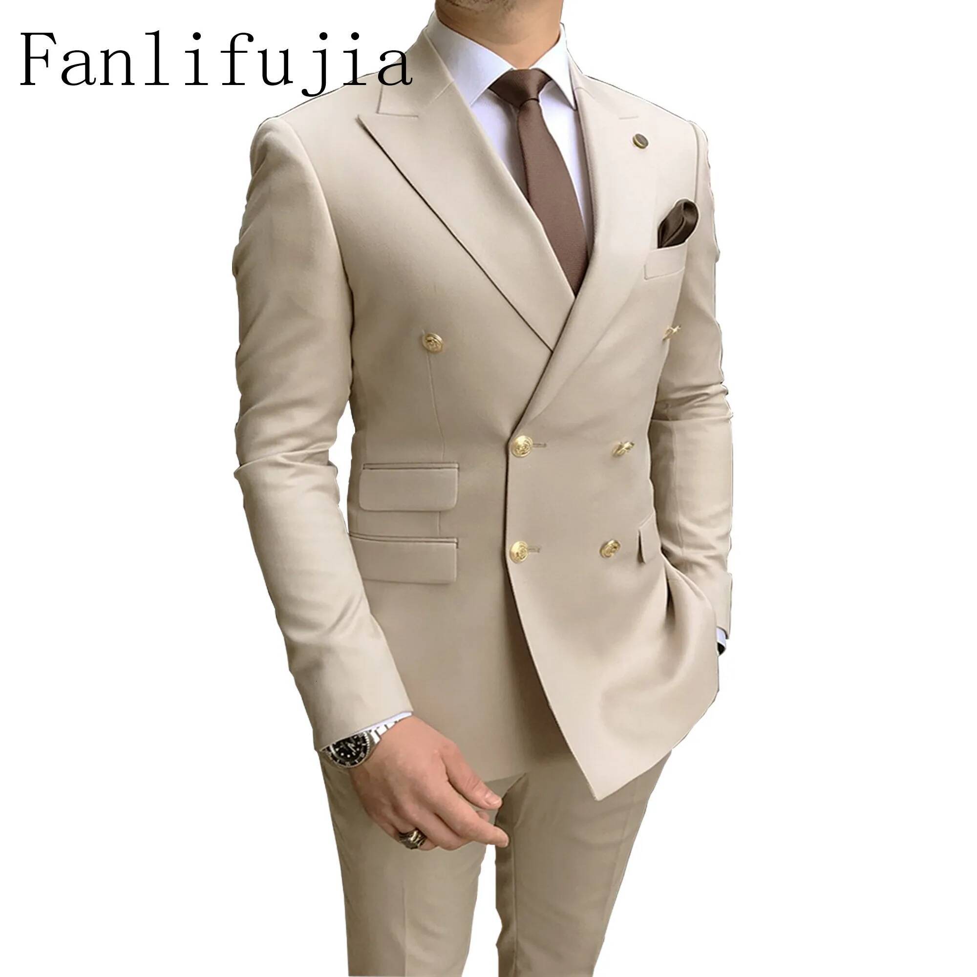 Fanlifujia Store 2024 Casual Sky Blue Men Suits Double Brested Peak Lapel Gold Button Groom Wedding Tuxedos Best Costume Homme