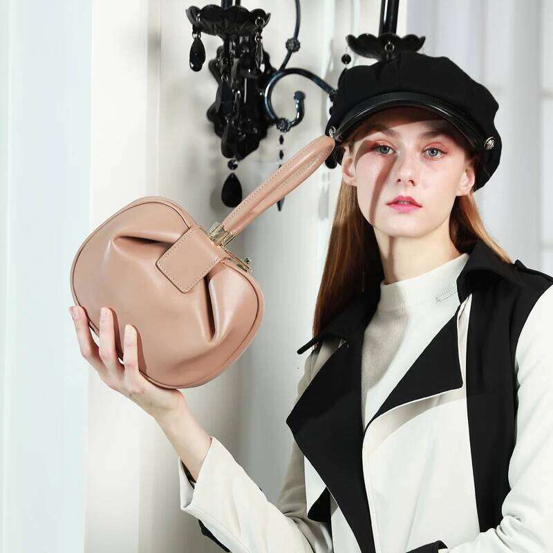 Burminsa Cowhide Genuine Leather Spherical Small Tote Bag For Women 2025 Trend Designer Evening Purse Top Handle Ladies Handbags