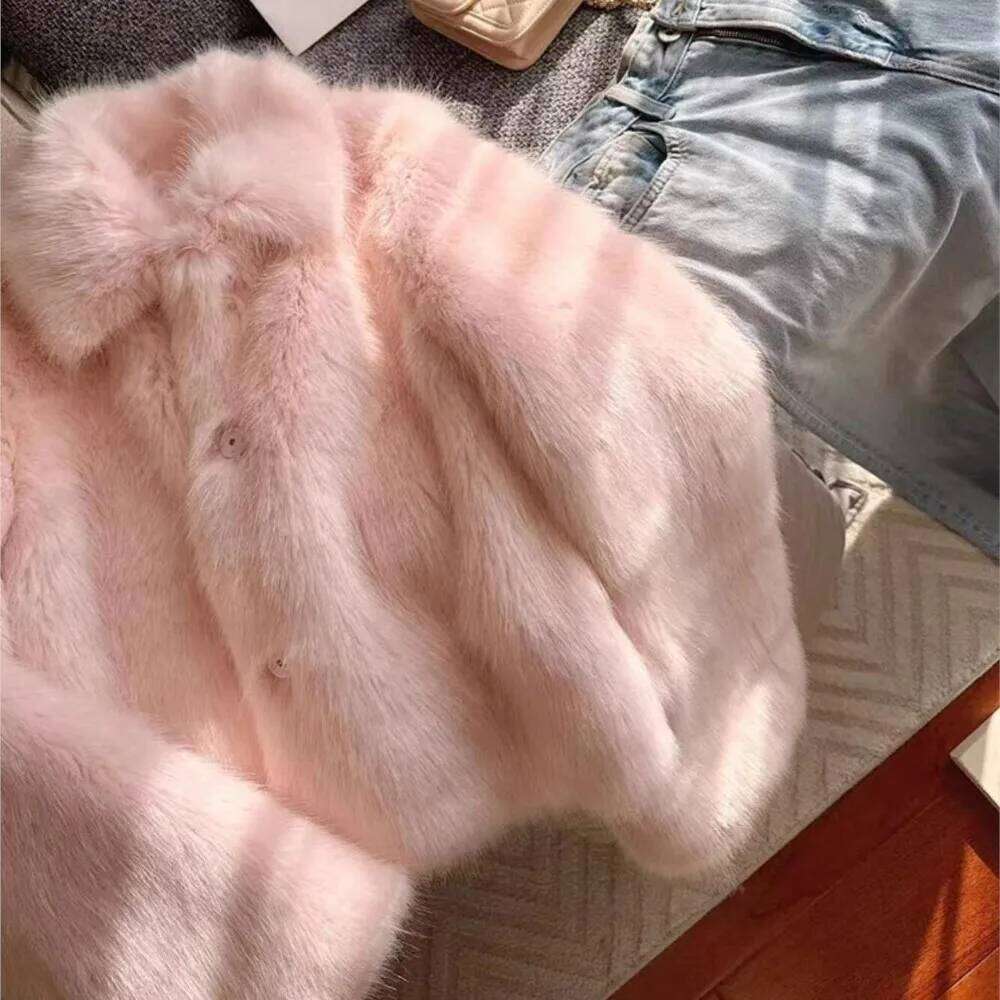 Winter CUTE Pink Turn down Lapel Hairy Shaggy Faux Fur Coat Women Covered Buttons Full Sleeve Furry Warm Jacket Short Outerwear