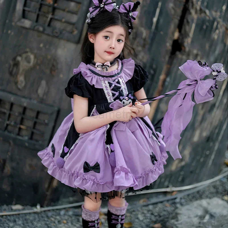 Sanrio 2024 Sanrio Cosplay Kuromi Lolita Princess Dress Summer Childrens Costume Dress Puffy Skirt Suit Cute Girl Birthday Kawaii Gift XJ250618