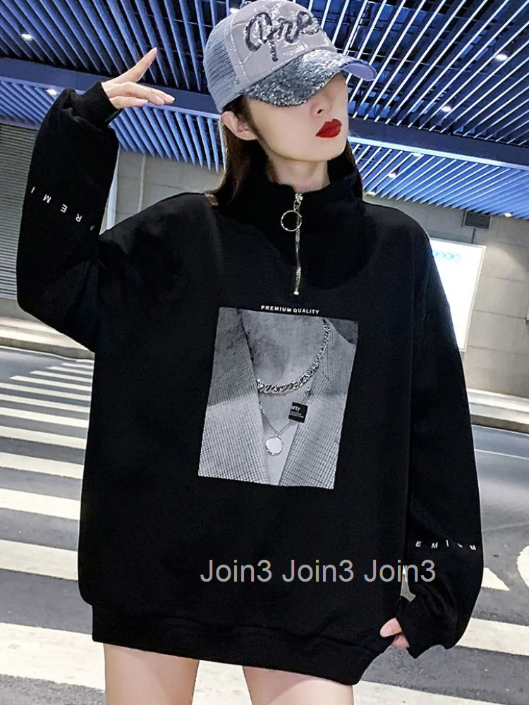 Full Zip Up Black Sweatshirts for Women with Zipper Pullovers Female Clothes Orint on Sport Long Sleeve Kpop Essential M E Tops