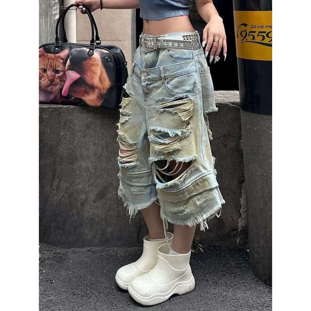 Wear Retro Double Waist Wash Old Ripped Jeans For Women New Fashion Street Wide-Leg Pants Haruku Y2k Cropped Shorts