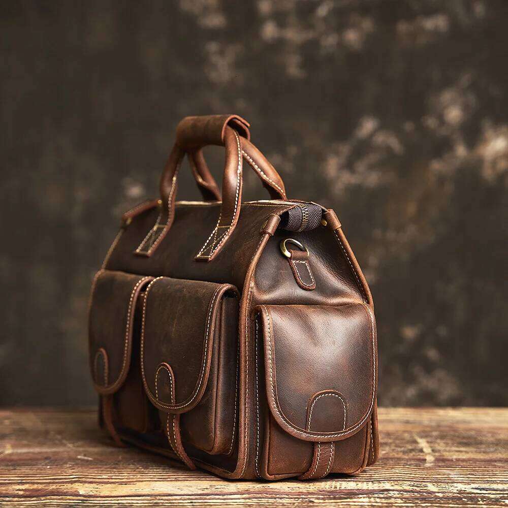 NUPUGOO Vintage Genuine Men's Briefcase Crossbody Bag Crazy Horse Leather Handbag With 16-Inch Laptop