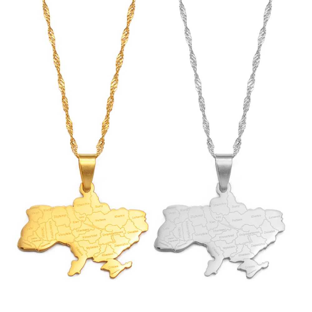 Anniyo Ukraine Map Pendant Necklace Ukrainian Jewelry With Water Wave Chain for Women Girls # 273221 W250618