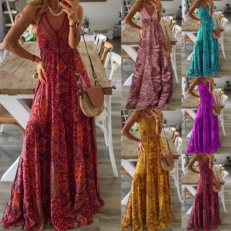 D617New bohemian style new suspender long skirt high waist V neck printed floral dress women's clothing