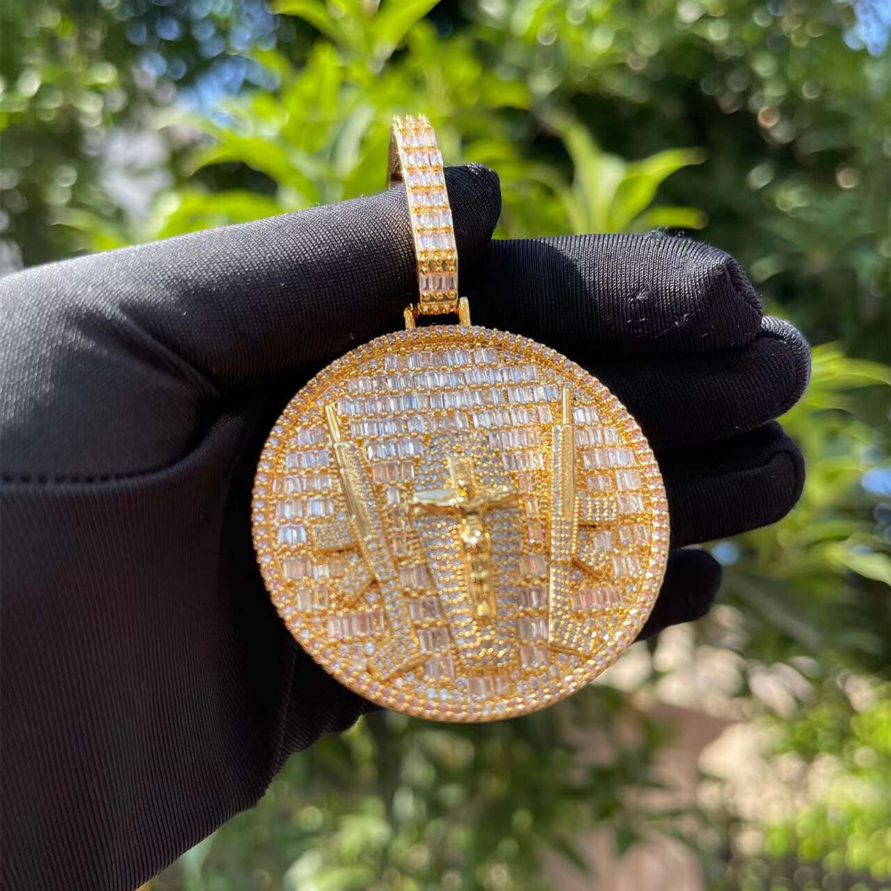 Trendy 24K Jesus Piece God of Protection with Ultimate Weapon Christian Cross Moissanite Pendants Charms