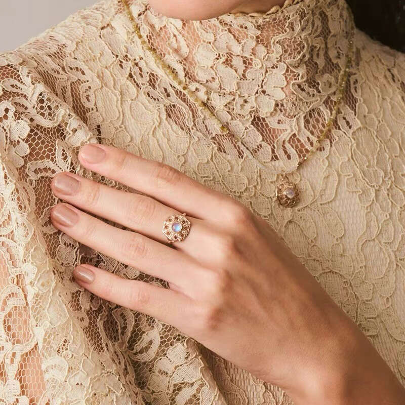 Lace Petal Sunflower High Imitation Natural Crystal Moonstone Same Style Necklace Light Luxury Ring