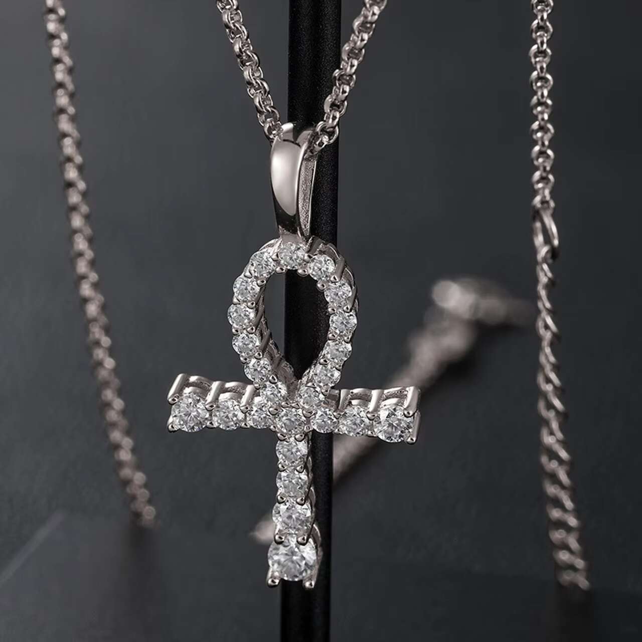 New Arrival European Vintage Egyptian Jewelry Sterling Silver Hip Hop Ankh Cross Pendant Moissanite Necklace Pendants Charms