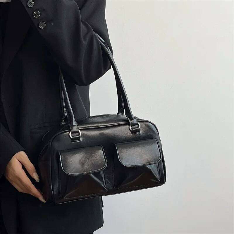 Lux Trendy Street Korea Designer Bowling Box Handbag For Women Boston Tote Pu Leather Bag Female Accessory