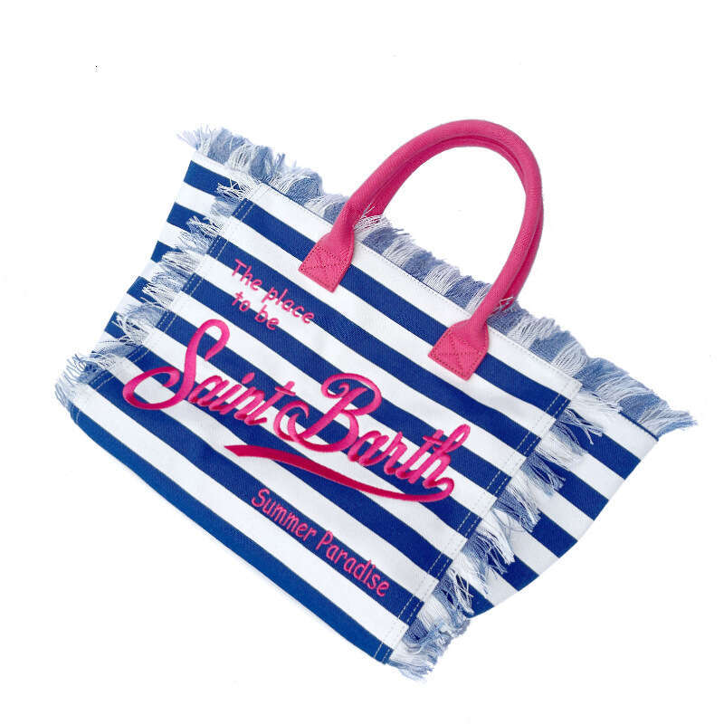 Designer Bag 2025 Saint Barth New Women's Large Capacity Fashion Horizontal Striped Dark Blue Tassel Beach Tote Bag