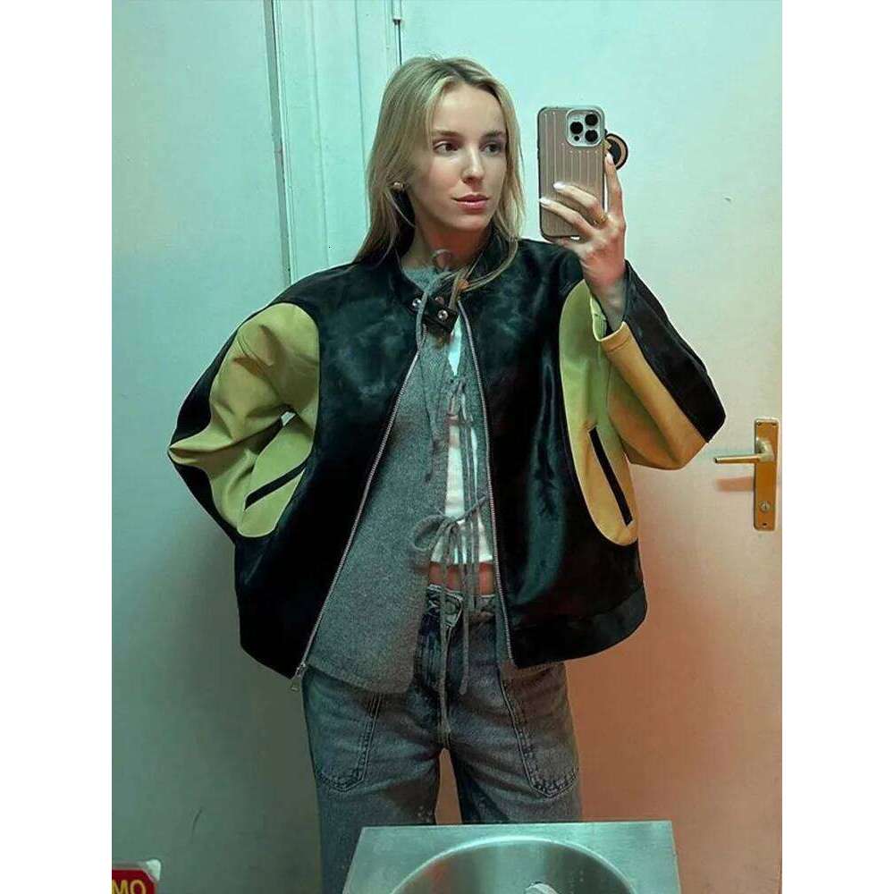 Vintage PU Leather Motorcycle Loose Short Coat Women Color Patchwork Biker Jackets Street Trend Blouse Bomber Jacket