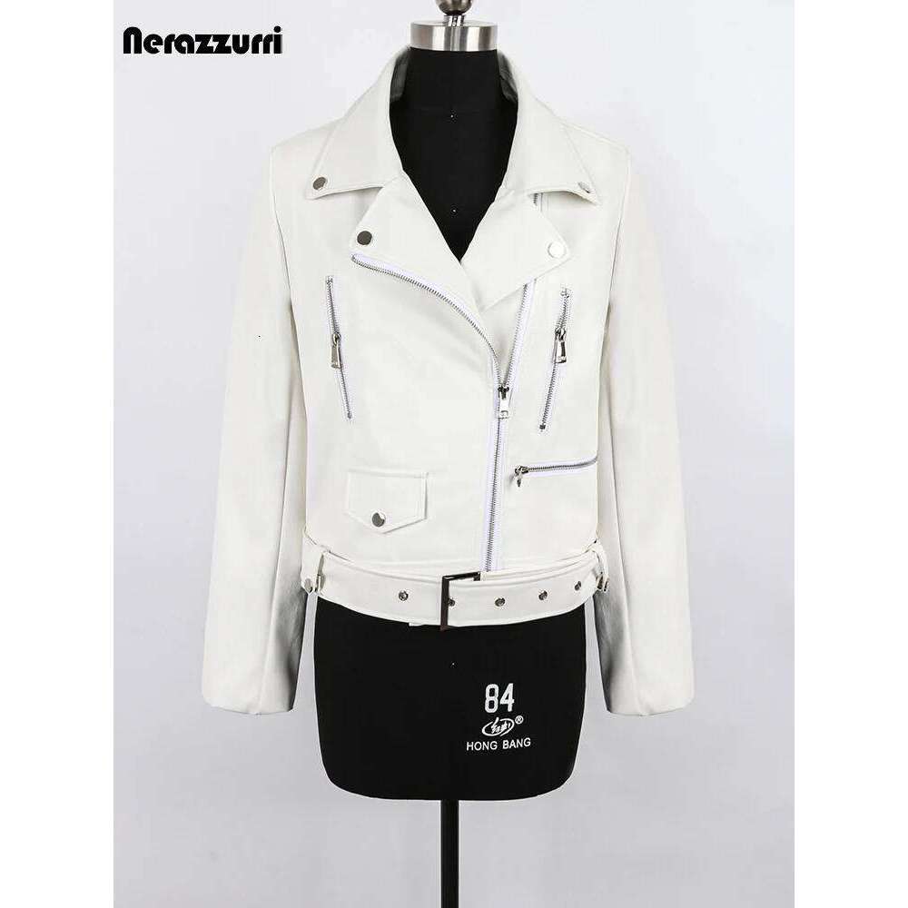 Nerazzurri Spring Autumn Short White Black Soft Faux Leather Biker Jacket Women Long Sleeve Zipper Belt Cool Outerwear