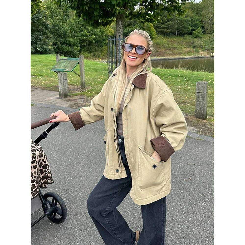 Contrast Lapel Women's Jackets Casual Long Sleeve Zipper Pocket Female Coats Autumn Winter Fashion Lady Streetwear Outwears