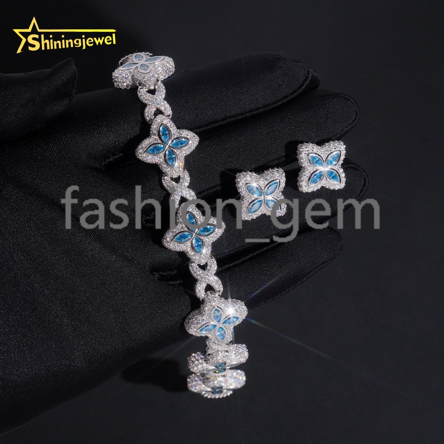 Iced Out Fine Jewelry Set Hip Hop 925 Silver 18MM Colored Marquise Flower Moissanite Bracelet with Earrings GRA Certificated