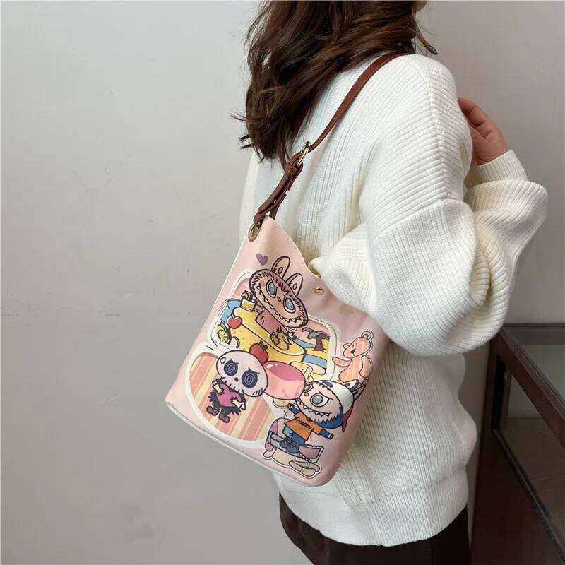 Labubu Bag Cartoon LABUBU Canvas For Students Large Capacity Commuting One Shoulder Bucket Crossbody Bag Anime Gift