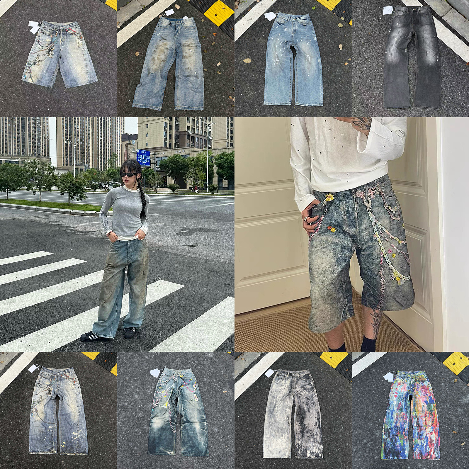 Designer Men's Baggy Jeans 3D Pattern Print Vintage Washed Dirty Jeans Luxury Women's Jorts Loose Straight Leg Pants