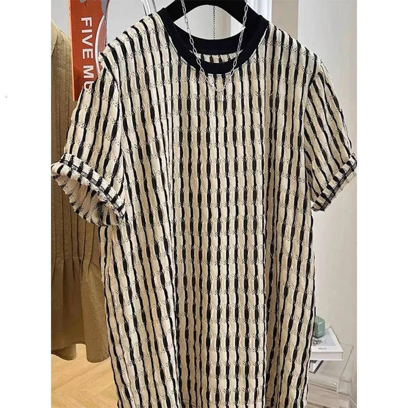 Korean Fashion Summer T-Shirts Mens O-neck Panelled Hollow Out Jacquard Weave Temperament Casual Loose Short Sleeved Knit Tops 250617