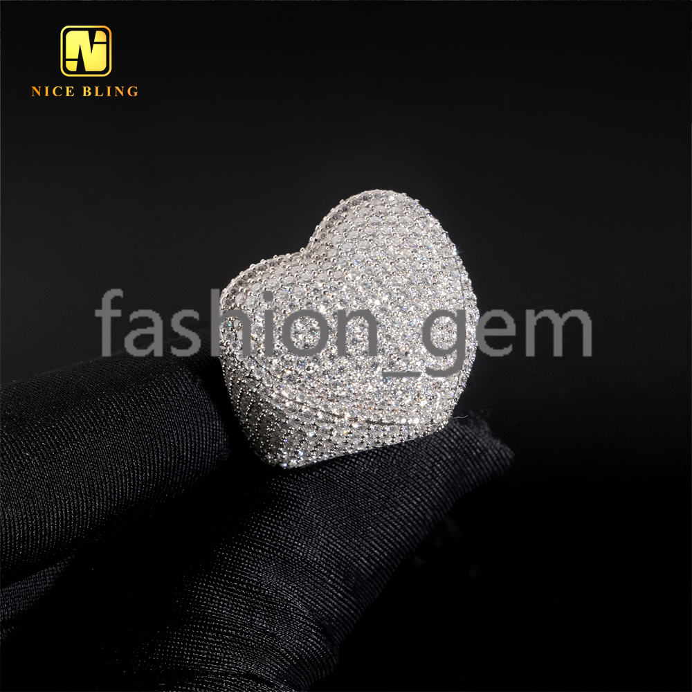 Pass Diamond Tester Heart Shape Hip Hop Rapper VVS Moissanite Fine Jewelry Diamond Iced Out Jewelry 925 Silver Ring for Men