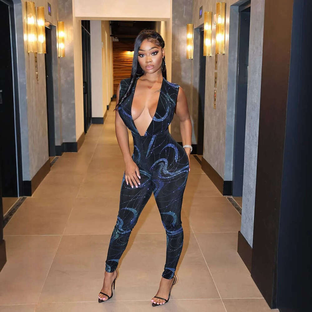 Summer New Fashion Slim Fit Deep V-Neck Sexy Stretch Jumpsuit B5