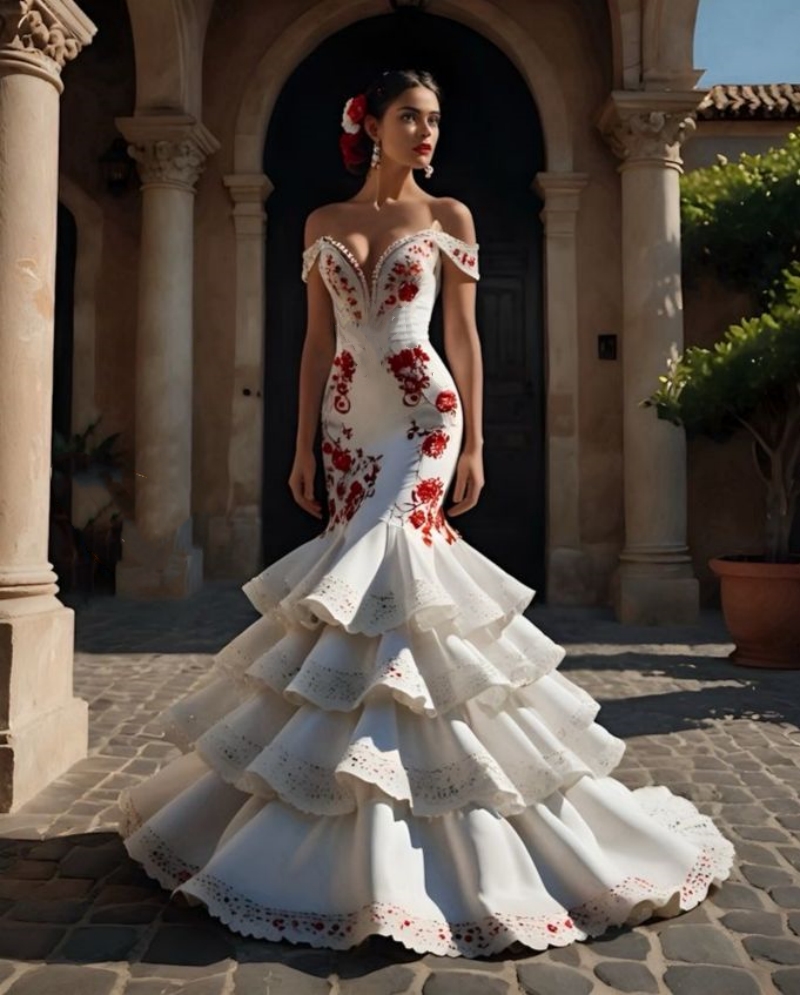 Elegant Mermaid Evening Dresses Ruffles Tiered White And Red Reception Gown Floral Lace Applique Flamenco Prom Dress