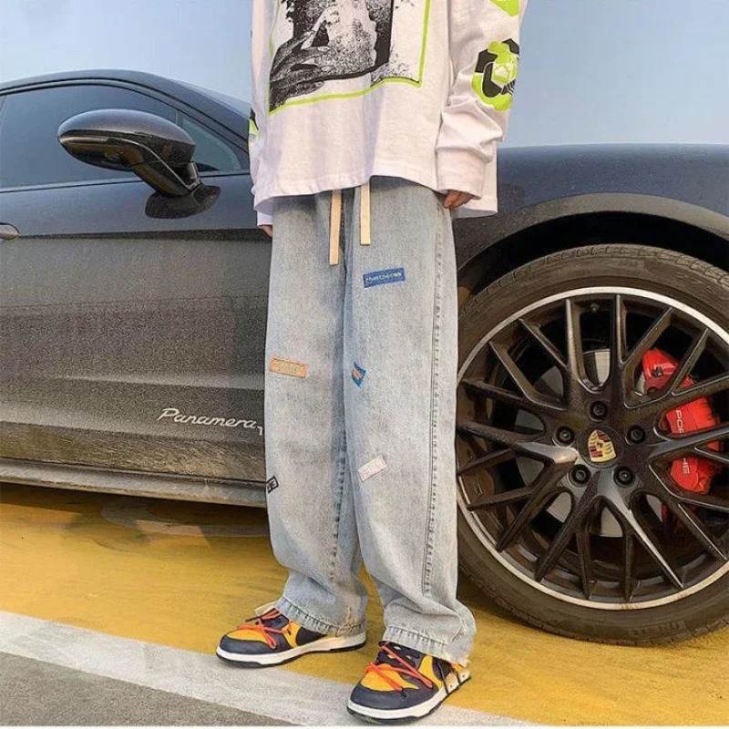 Jeans for Men with Print Trousers Graphic Hip Hop Male Cowboy Pants Light Blue Y2k Streetwear Aesthetic Harajuku Baggy Xs 250617