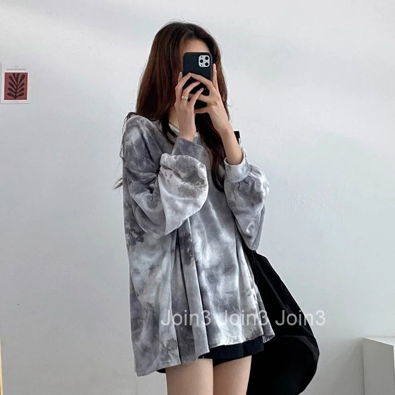 Long Sleeve Tie-dye T Shirts Female Autumn Top for Women High Quality Tees Xxl Korean Fashion Pulovers Glitter Grunge O Clothes
