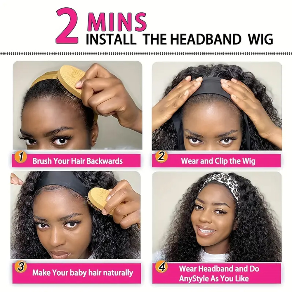 Deep Wave Headband Wig Human Hair Full Machine Made 250% Density Deep Curly Glueless Wig 100% Human Hair For Black Women Easy to Go