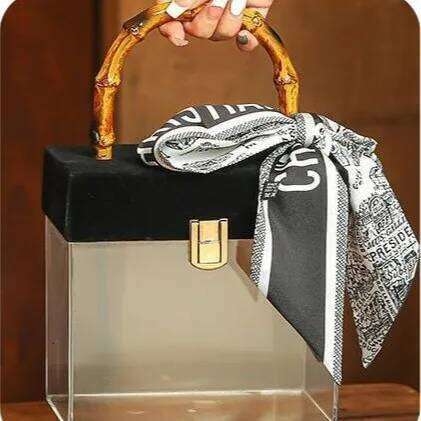 Fashion Transparent Box Women Handbags Vintage Rattan Bamboo Handle Hand Bags Handmade Summer Beach Bag Retro Party Purses 2023