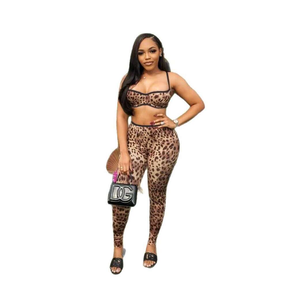 New Leopard Print Slim Fit Sexy Hot Girl Printed Camisole Crop Top Short Vest Long Pants Set B5
