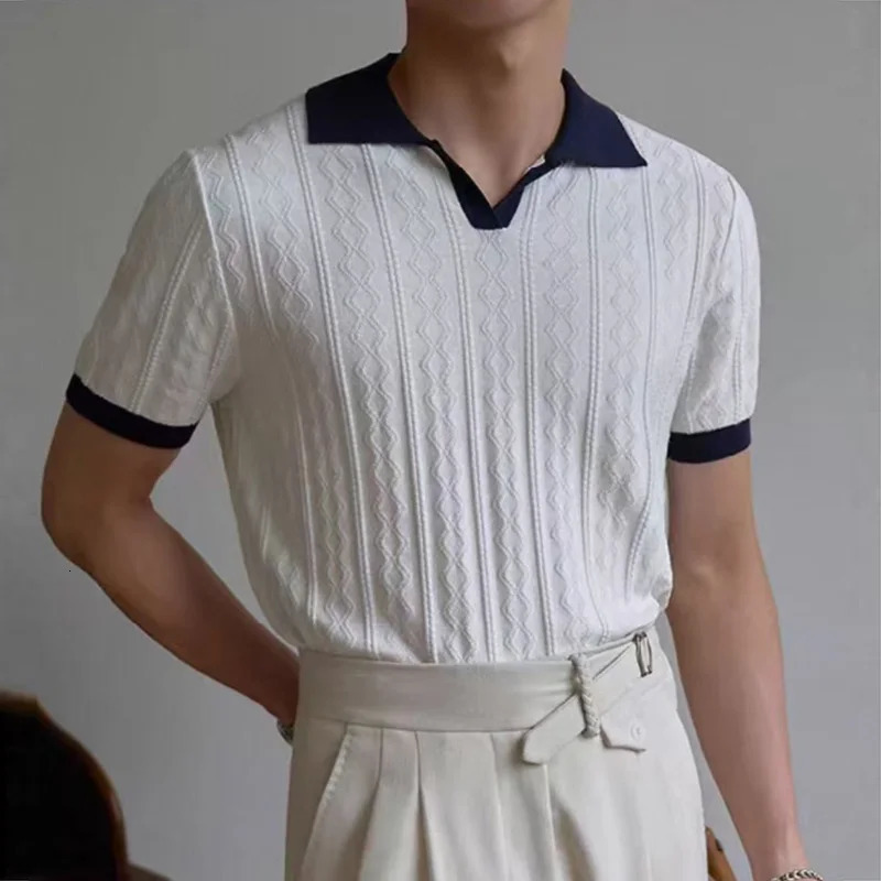 Summer Casual Mens Knitting Tops Vintage Slim Short Sleeve Polo Neck Shirts Men Daily Leisure Contrast Color Patchwork Polo 250618