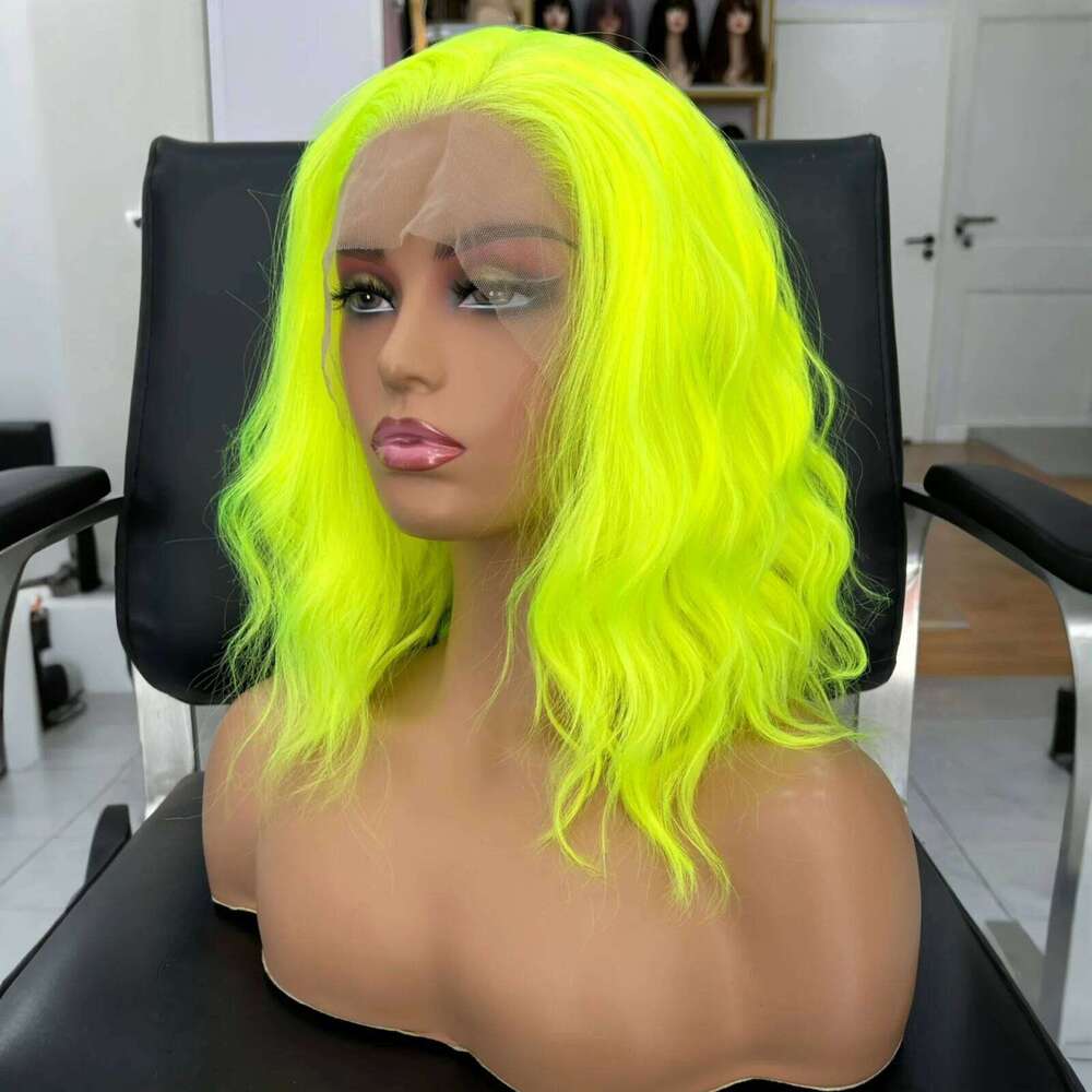 Short Curly Wavy Bob Women Synthetic Free Part Shoulder Length Neon Green 13X4 Lace Front Wigs for Party Cosplay