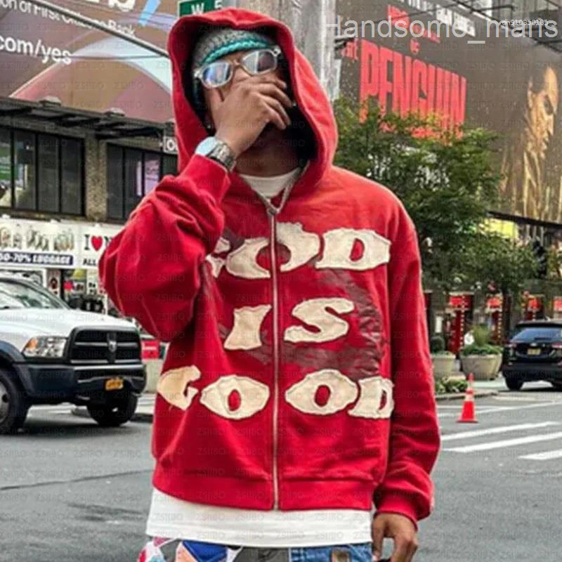 Mens Hoodies Gothic High Street Letter God Is Good Embroidered Zipper Hoodie Hooded Jacket Harajuku Hip-hop Casual Top