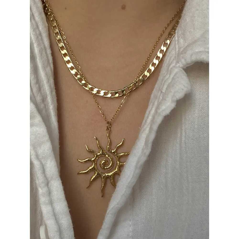 Flashbuy Vintage Chic Sun Shaped Pendant Stainless Steel Necklace Statement Golden Fashion Jewelry Gift W250618