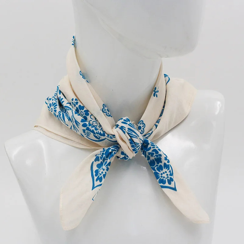 Ivory White Printed Blue Floral Bandana Girl Headscarf Headband Neckerchief Headwear Square Scarf 250617