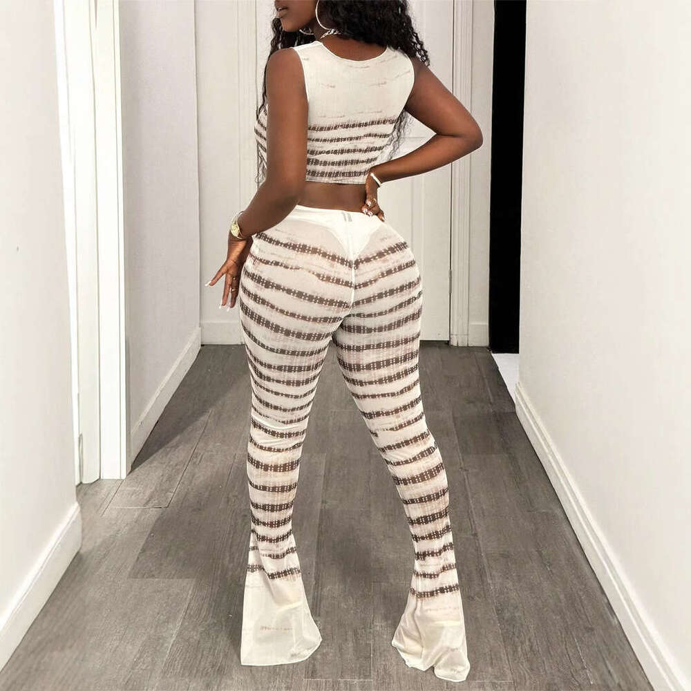 New Women's Fashion Sexy Hot Girl Sheer Mesh Printed Seamless Top Flared Pants Set B5