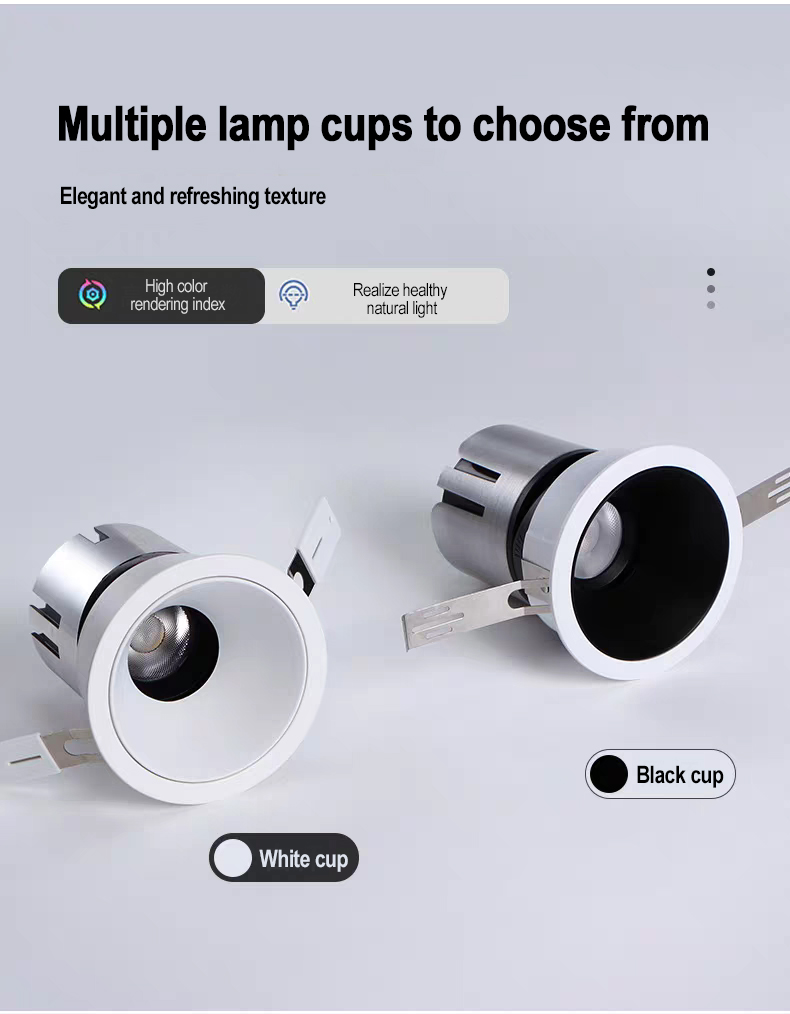 Invisible frameless recessed LED downlight with narrow edge and deep cup, anti-glare, embedded in ceiling