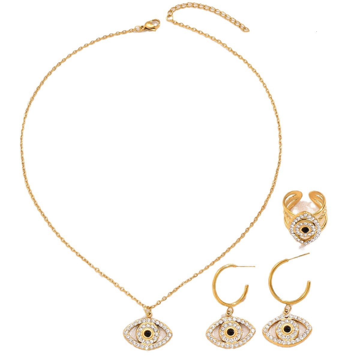 Necklace Set Demon Eye Inlaid Zircon Personality Design Clavicle Chain Versatile Ring Fashion Earrings for Women
