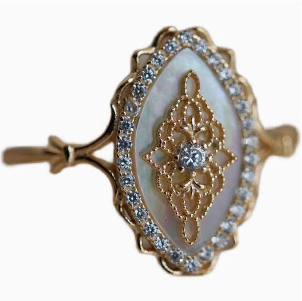 Classic Iridescent Same Style White Shell Hollow Lace Inlaid Zircon Luxury Versatile Ring